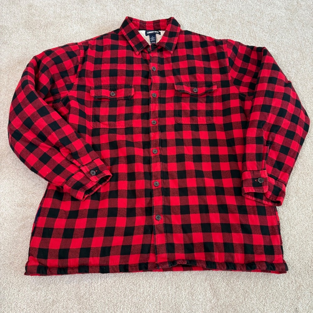 Lands End Mens Red Black Buffalo Check Sherpa Lined Flannel Shirt Jacket Large‎